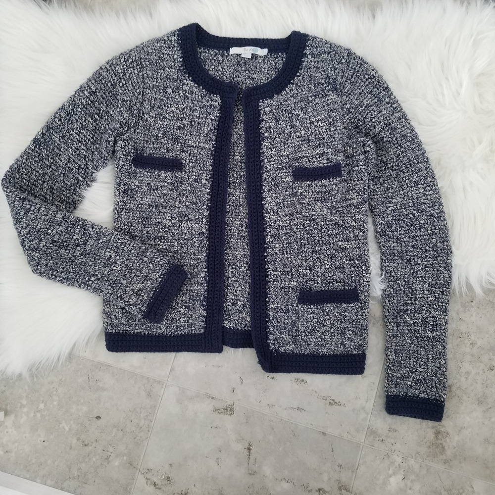 Boden Navy and White Tweed Hand-Crochet Jacket